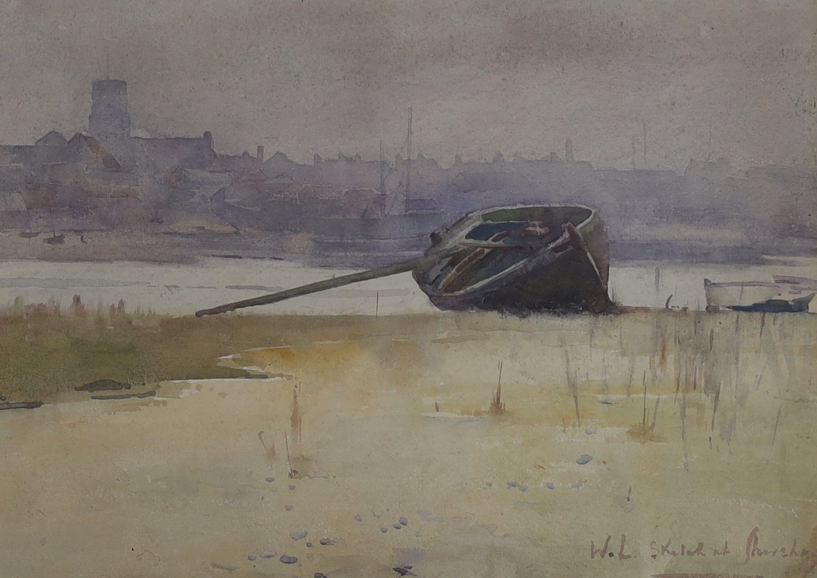 Sir William Llewellyn (1858-1941), watercolour, 'Sketch at Shoreham from the River, initialled, 24 x 33cm